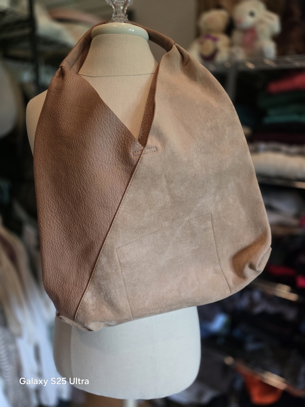 Neutral Two-Tone Suede & Leather Hobo Bag - Brown